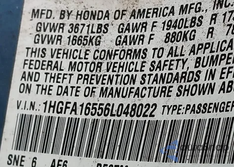 2006 Honda Civic Lx из США, поврежденный, VIN 1HGFA16556L048022